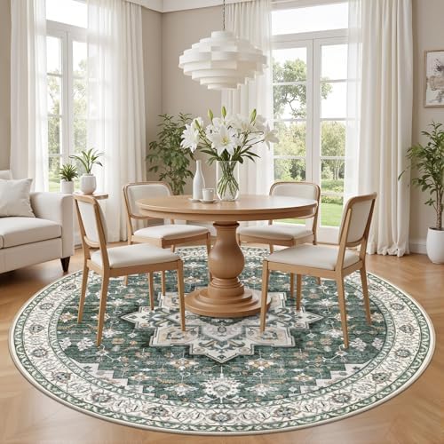 Round Area Rug for Living Room: 8ft Boho Washable Rug Green Ivory - Image 3