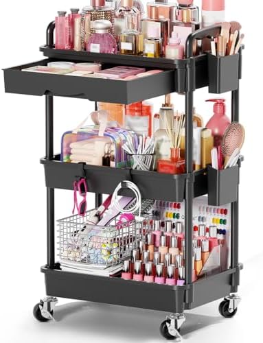 Goovilla Rolling Makeup Organizer Cart with Removable Drawer, 3 Tier Black by Goovilla