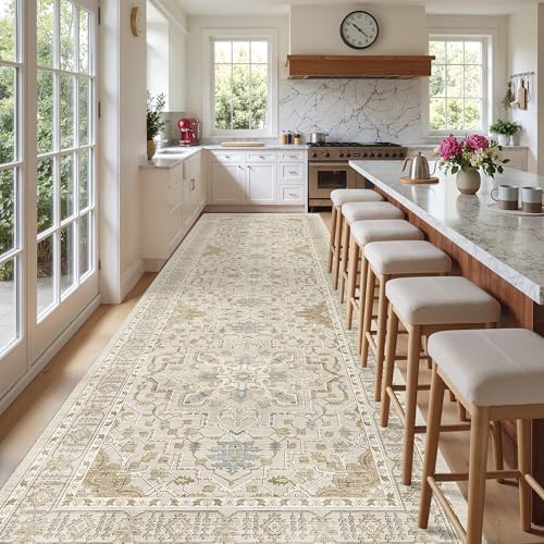 Madane 4x12 Wide Hallway Runner Rug Washable for Living Room, Beige/Blue - Image 4