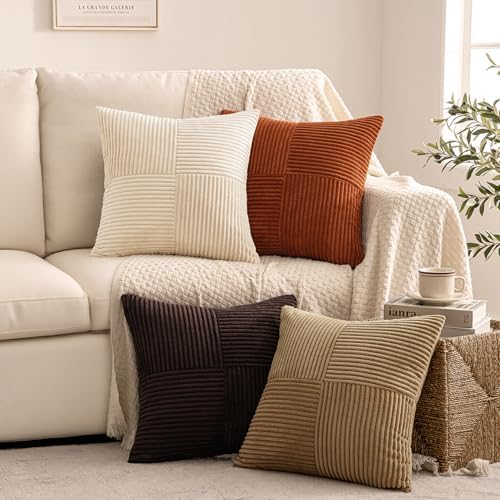 MIULEE Brown Beige Throw Pillow Covers 18x18 Inch Set of 4 Boho Farmhouse Cushion Cases for Livingroom Couch Bed Soft Corduroy Pillow Cases with Invisible Zipper Home Decor - Image 4