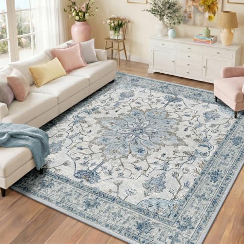 RELEANY Washable Area Rug, Square 8'x8', Blue/White/Gray by RELEANY