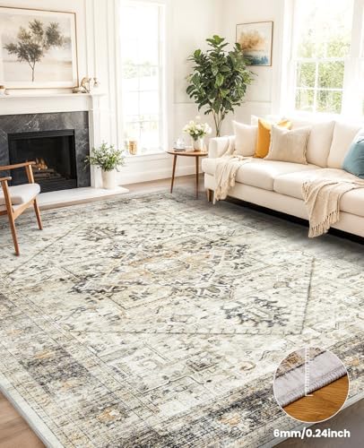 AMADA HOMEFURNISHING Washable Area Rug, Low-Profile Large Area Rug with Non-Slip Backing & Durable Edge Binding, Vintage Large Rugs for Living Room, Bedroom, Dinning Room, 8x10, Grey/Beige - Image 3