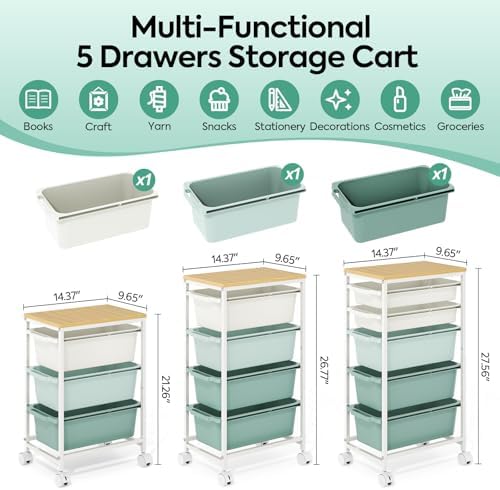 KINGBOARD Slim Rolling Cart with 3 Drawers, Metal Utility Storage Cart | Wooden Tabletop, Lockable Wheels, Under Desk Trolley for Bedroom, Children's Room and Office Organization, Green - Image 2