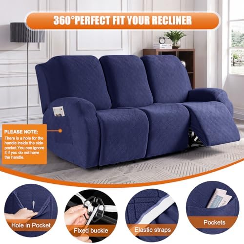 VANSOFY Stretch Recliner Couch Cover, Slipcover, Navy Blue, 3 Seater - Image 5