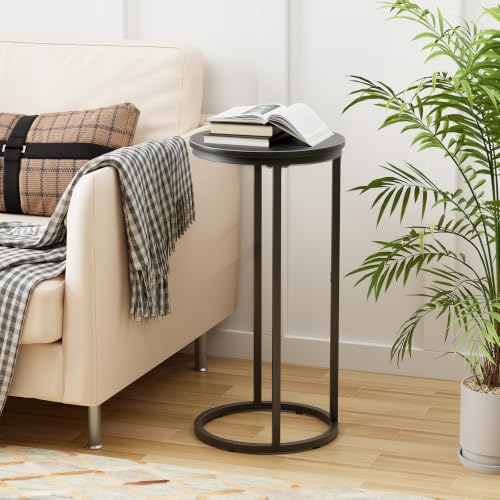 C Shaped end Table,Wood Round Side Table for Couch,Small Sofa Table with Metal Frame for Bedroom,Living Room,Bedside,Black Wood Grain(11.81" D x 11.81" W x 23.62" H) - Image 2