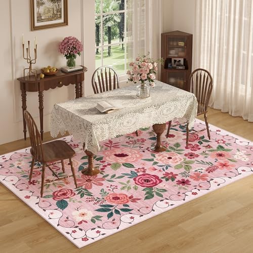 DUKINO 8x10 Area Rugs, Floral Washable Living Room Rug Non Slip, Pink - Image 6