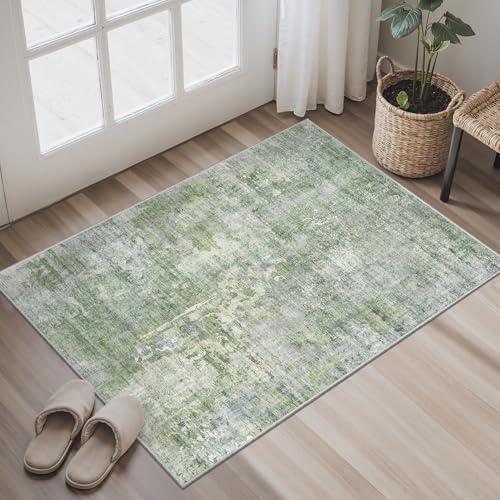 Soalmost 2x3 Abstract Washable Rugs for Kitchen, Small Area Rug Green/Ivory by Soalmost