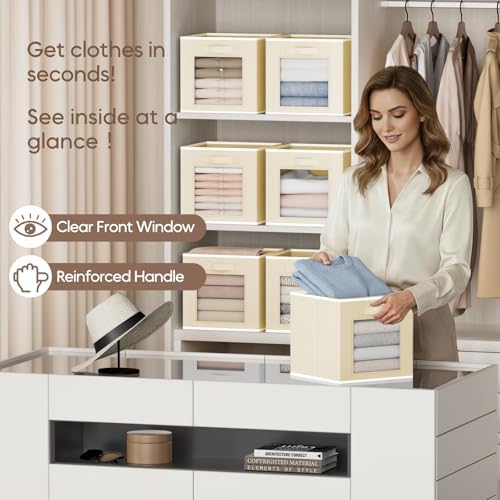 Homsorout Foldable Storage Cubes - Cubby Storage Organizer with Window, Decorative Baskets for Organizing, 11 Inch Fabric Cube Shelf Bins, Set of 10, Beige - Image 2