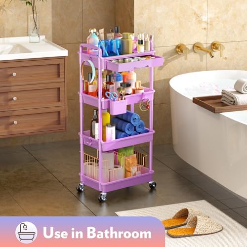 SUNALLY Makeup Cart Organizer with Drawer,4 Tier Rolling Makeup Cart,Purple - Image 7