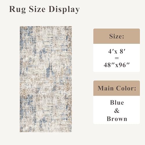 4x8 Washable Area Rug – Non-Slip Rubber Backed Indoor Rug for Entryway, Kitchen, Hallway | Modern Abstract Neutral Low Pile Thin Floor Mat for Bedroom, Living Room, Office(Blue Brown) - Image 2