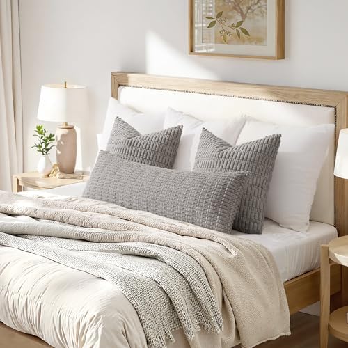 MIULEE Lumbar Corduroy Throw Pillow Cover for Bed 14x36 Light Grey Set of 1 - Image 2