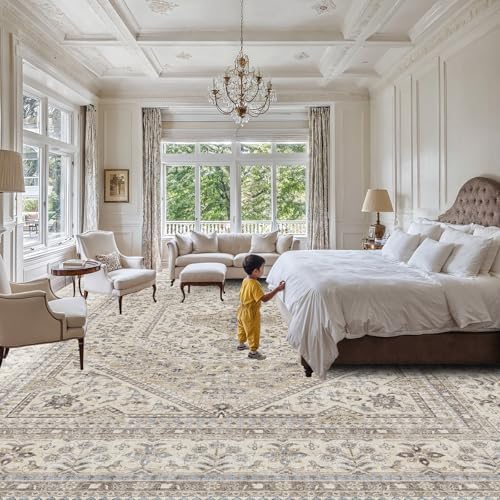 12x15 Washable Area Rug for Living Room - Non-Slip Vintage Rugs Beige Gray - Image 2