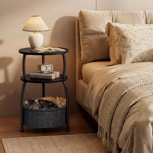 Round Side Table with Storage Basket, End Table Living Room, Black - Image 2