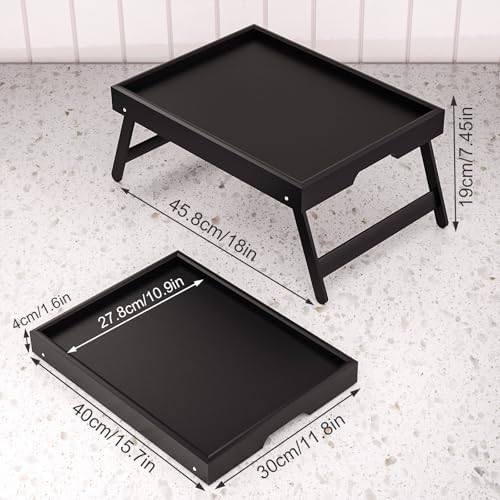Fibogollo 2 Pack Bamboo Bed Tray Table with Folding Legs,Breakfast Trays,Serving Tray for Food and Snack,Laptop Trays for Working(Black) - Image 2