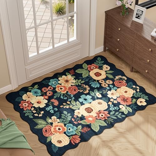 DUKINO 2x3 Rug for Entryway, Floral Door Mat Washable Rug, Navy Blue - Image 3