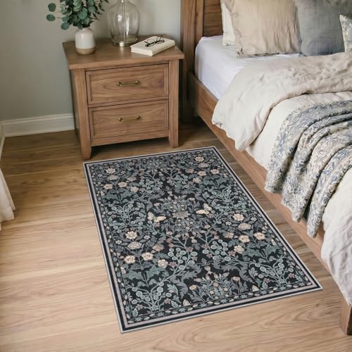 Puino 3x4 Washable Area Rug - Non Slip Vintage Throw Rugs Floral Dark Blue - Image 4