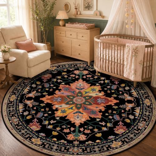 RELEANY Washable Area Rug, Round 5ft, Black/Colorful by RELEANY