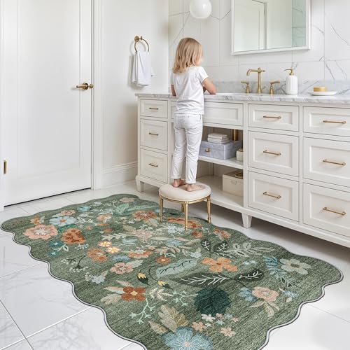 Washable 3x5 Entryway Area Rugs: Ultra Soft Low Pile Carpet for Kitchen Nursery Indoor Light-Weight Doormat Rug with Non-Slip Backing for Living Room Bedroom Small Boho Floor Mat(3x5, Floral/Green) - Image 4