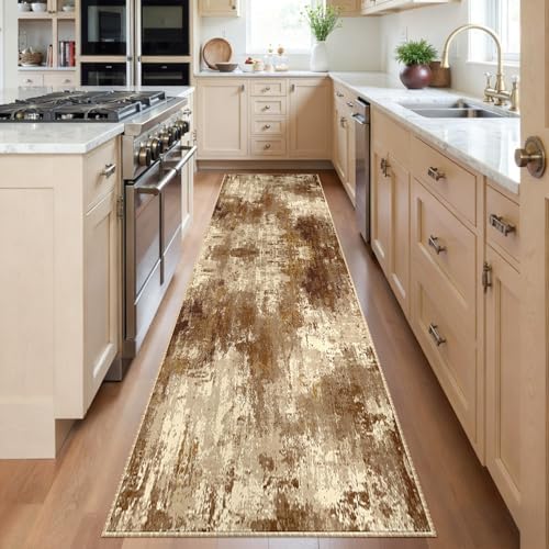 RELEANY Washable Runner 2'x6' Abstract Area Rug for Hallway Brown Tan by RELEANY