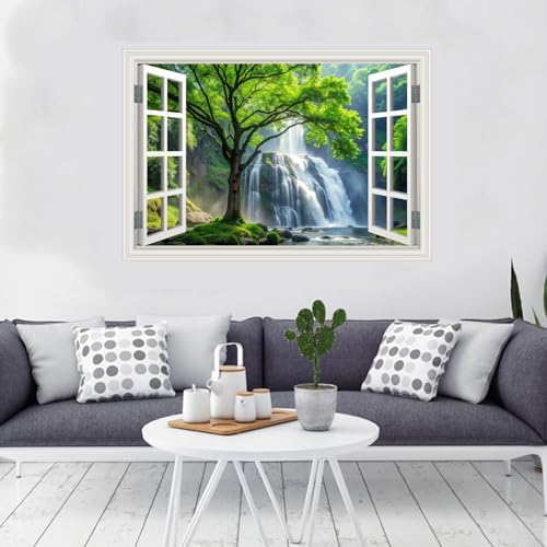 Fake Window Wall Decal- Rainforest Waterfall Tree Open Wall Art Sticker | Faux Window Mysterious Forest Natural Scenery Landscape Mural｜ Stick and Peel Wall Decals｜Room Bedroom Office Decor｜24"x16" - Image 4