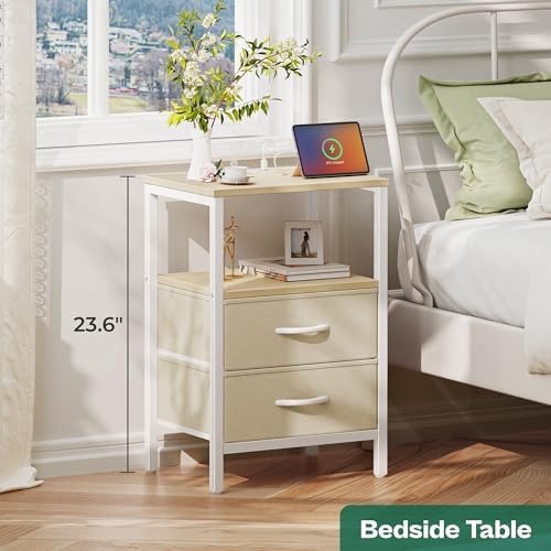 Huuger Nightstand with Charging Station, Side Table with Fabric Drawers - Image 3