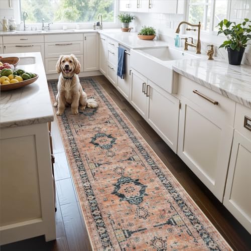 Hallway Washable Runner Rug - 2'6x14 Kitchen Rugs Entryway Rug Runner Vintage Soft Floor Mat Non Slip Indoor Farmhouse Carpet for Bathroom Living Room Bedroom (2'6''x14', Orange) by HYHAOYUNLAI
