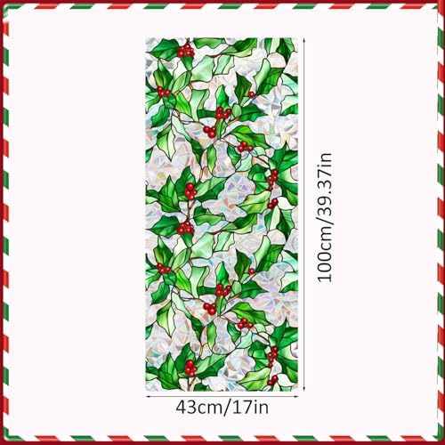 Christmas Window Film Christmas Green Window Clings DIY Glass Art Decoration Xmas Red Berry Designs Privacy Film Stained Glass Window Film Windows Sticker for Holiday Bedroom Door Decor - Image 2