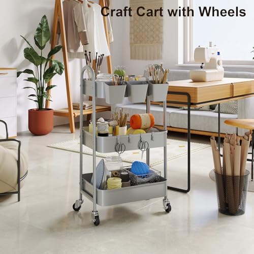 3 Tier Gray Metal Rolling Cart, Storage Cart with Handle & Lockable Wheels - Image 6