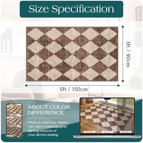 Brown Beige Checkered Entry Rug - 3x5 Non-Slip Indoor Outdoor Rugs - Image 2