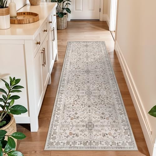 2x6 Washable Kitchen Runner Rug – Boho Vintage Non-Slip Carpet Runner for Hallway, Entryway, Bedroom & Bathroom – Soft Low-Pile Thin Area Rug with Rubber Backing (Beige,2x6) by BYYVOORugsforYourHome