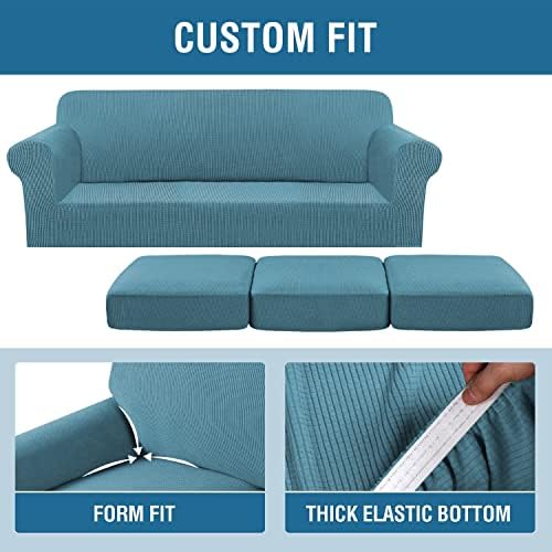 H.VERSAILTEX 4 Piece Stretch Sofa Covers for 3 Cushion Couch Covers for Living Room Furniture Slipcovers (Base Cover Plus 3 Seat Cushion Covers) Upgraded Thicker Jacquard Fabric (Sofa, Storm Blue) - Image 4