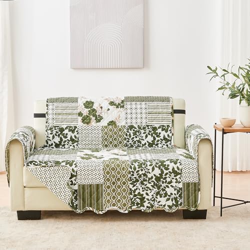 Great Bay Home Reversible Patchwork Loveseat Cover - Washable Slipcover Furniture Protector with Elastic Straps - Perfect for Kids & Pets - Box-Stitched Detail (Olive/Brown) by GreatBayHome
