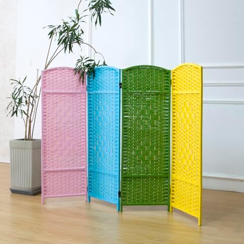 Furnnylane 4 Panel Rattan Divider Short Room Partition Screen,Double Sided Folding Divider for Room Separation,Colorful,47.2" H x 63" W by Furnnylane