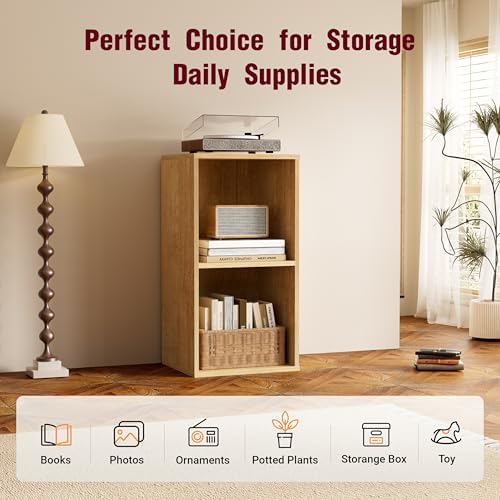 Book Shelf, Wooden Cube Storage Organizer with 11" Open Cubes, Stackable Modular Bookcase for Room Divider Storage, 2 Tier Bookshelf for Living Room, Bedroom, Office (Oak, 2-Cube) - Image 6