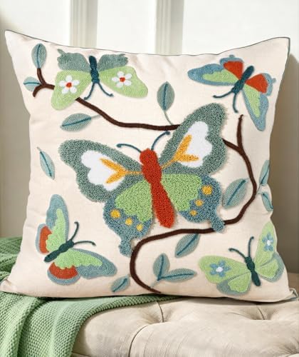Embroidered Throw Pillow Cover 18x18 Inch, Branch Butterfly by Kokaaee