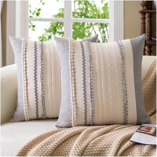 Cethom Boho Throw Pillow Covers 20x20 Inch Set of 2, Grey Textured Decorative Couch Pillow Cases for Farmhouse Home Decor, Accent Cushion Cover for Sofa, Bed, Living Room, Bedroom by Cethom