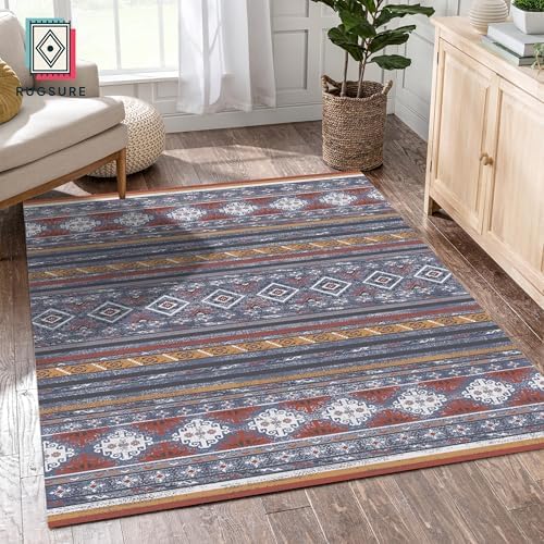 RUGSURE Washable Area Rugs 6' x 9' - 1/6 Thick - Moroccan-Inspired -Stain & Water Resistant Non-Slip - Resistant Rug for Living Room, Bedroom, Nursery, Pet & Child Friendly (Blue and Red) - Image 3