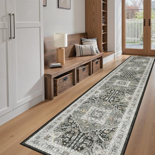 Madane Washable Runner Rugs 2x10 for Hallway Kitchen Grey Green/Black Olive - Image 4