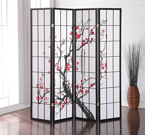 Roundhill Furniture Black Japanese 4-Panel Screen Room Divider, Plum Blossom - Image 2