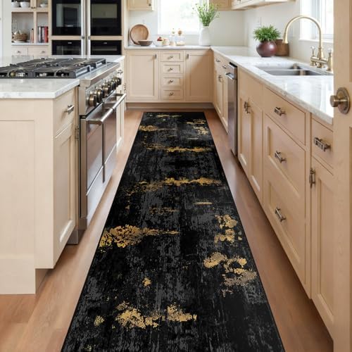 RELEANY Washable Runner 2'x8' Abstract Area Rug for Hallway Black Gold by RELEANY