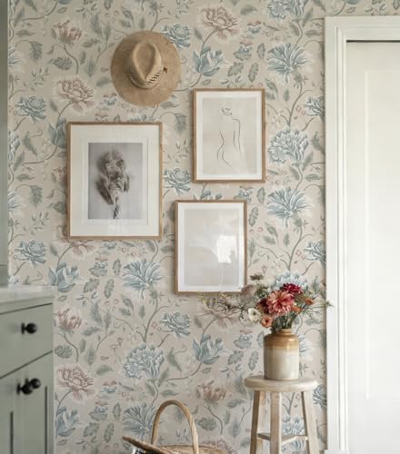 Vintage Floral Peel and Stick Wallpaper, Blue Taupe Neutral Botanical Wall Mural, Removable Self Adhesive Wall Paper for Bedroom Accent Wall, Living Room, Bathroom, Farmhouse Home Decor 17.3"x78.74" - Image 4