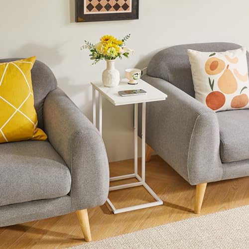 Aibiju C Shaped End Table, Small Side Table for Sofa and Bed, White Bedside Table, Laptop Desk for Couch 16x12x25 inch Faux Marble+White YD-TM051W - Image 4