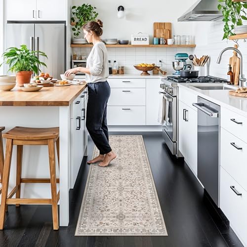 2x6 Washable Kitchen Runner Rug – Boho Vintage Non-Slip Carpet Runner for Hallway, Entryway, Bedroom & Bathroom – Soft Low-Pile Thin Area Rug with Rubber Backing (Beige,2x6) - Image 3