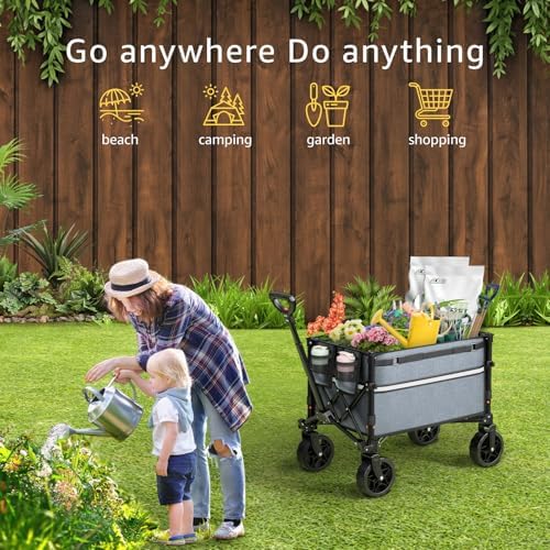 ROSONG Collapsible Wagon Cart with Wheels Foldable - Folding Utility Heavy Duty Wagons Carts for Grocery Sports Garden Shopping Camping Grey - Image 2