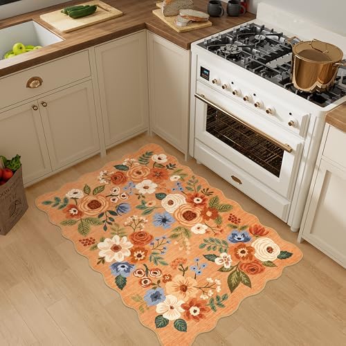 DUKINO 2x3 Rugs for Entryway, Floral Door Mat Washable Kitchen Rugs, Orange - Image 5