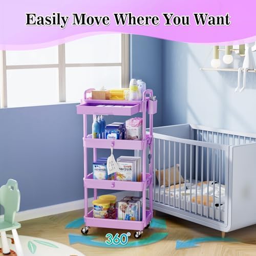SUNALLY 4 Tier Rolling Cart with Drawer,Craft Storage Cart Organizer,Purple - Image 6