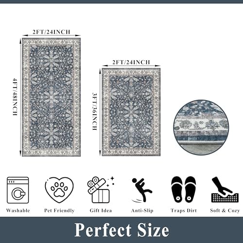 Kitchen Mats Set of 2 Washable Non-Slip – Soft Low Pile Boho Decorative Runner Rugs for Kitchen Floor, Sink & Stove, Kitchen Decor (Blue, 2x3+2x4) - Image 2