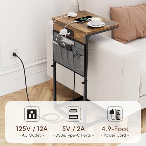 Vagusicc C-Shaped End Table with Charging Station, Small Side Table for Couch, 33" Tall C Table Adjustable Height Side Table, Couch Tables that Slide Under, Sofa Table TV Tray for Living Room, Brown - Image 7