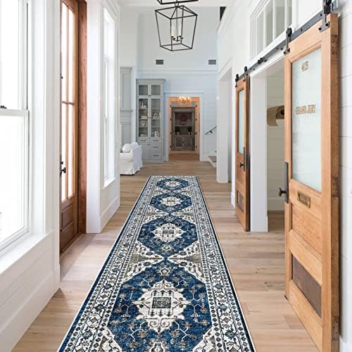 Hallway Washable Runner Rug - 2x10 Kitchen Rugs Entryway Rug Runner Vintage Soft Floor Mat Non Slip Indoor Farmhouse Carpet for Bathroom Living Room Bedroom (2 X 10, Blue) by HYHAOYUNLAI