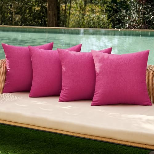 MIULEE Pack of 4 Decorative Outdoor Throw Pillow Covers Linen Waterproof Pillow Covers Farmhouse Cushion Cases for Patio Garden Tent Balcony Couch Sofa 18x18 inch Hot Pink by MIULEE